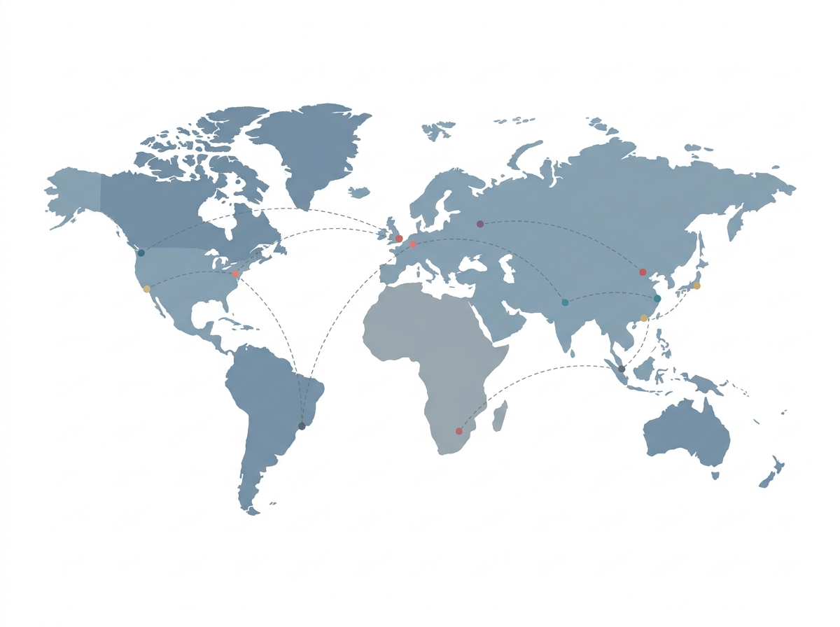 World map with simple dotted flight route lines connecting major cities on a clean white background