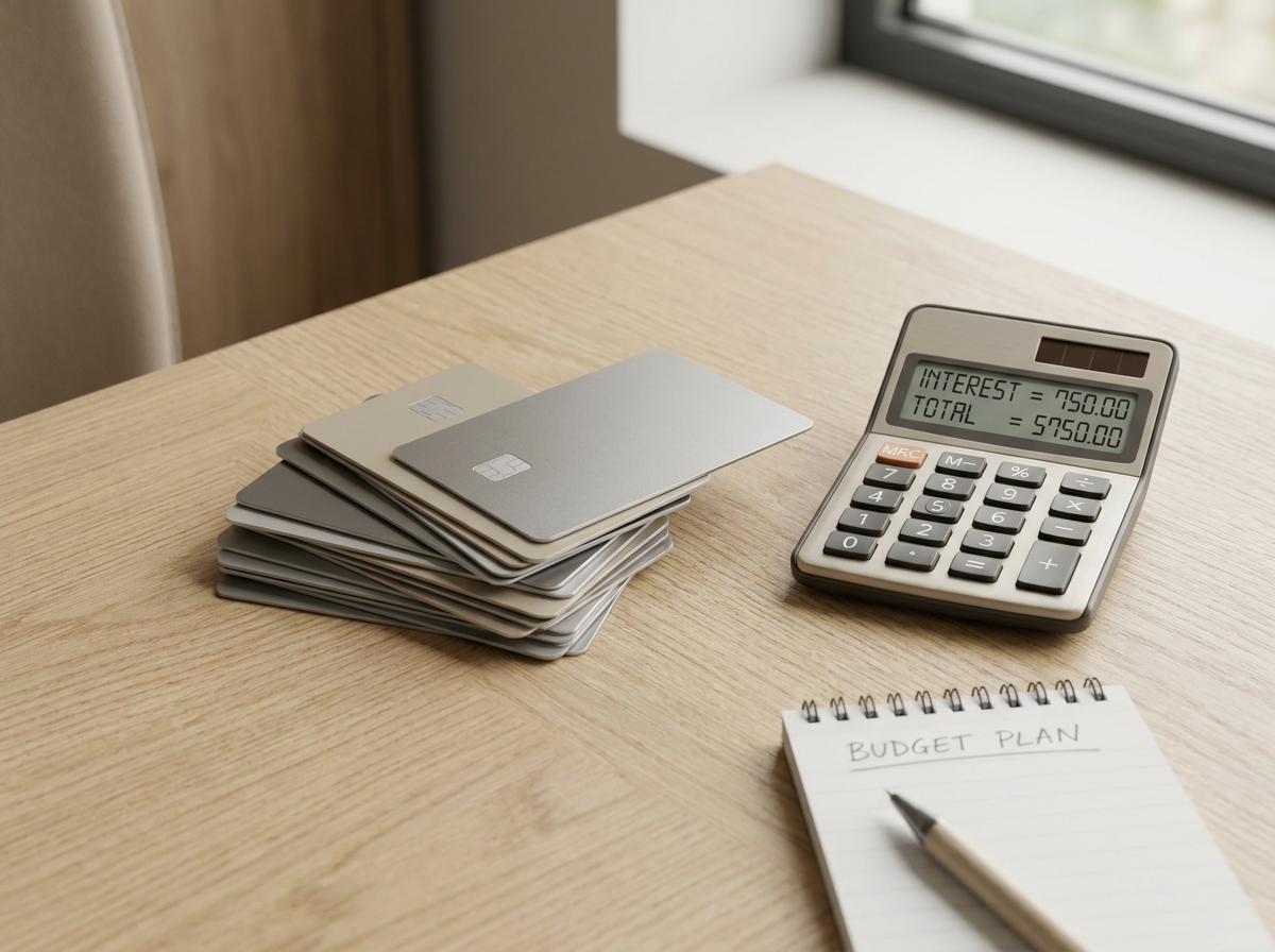 Stack of credit cards beside a calculator showing an interest calculation on a clean desk